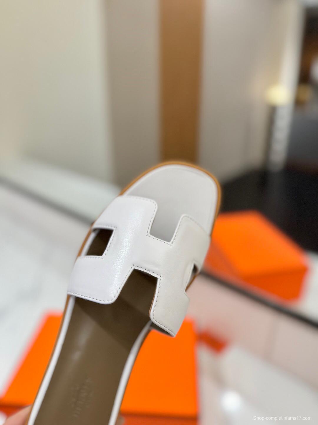 2025 Women Hermès White Leather Slippers