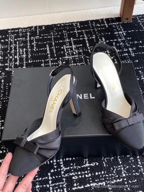 2025 Women Chanel Black Satin Leather High Heels Bow Slingback KFY00289