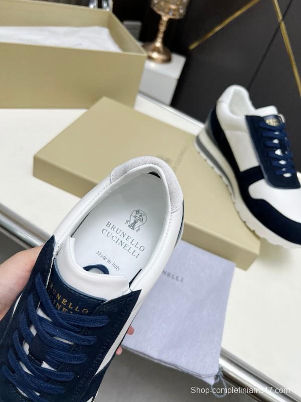 2024 Unisex Brunello Cucinelli White Navy Suede Leather Sneakers