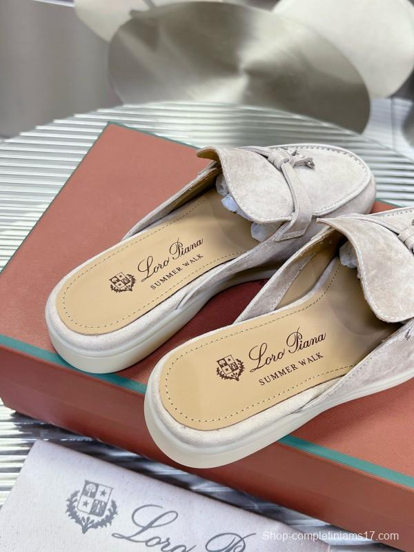 2024 Slippers Loro Piana Light Gray Suede Loafers MJ00270