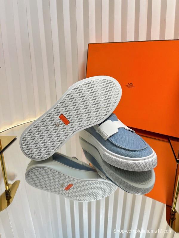 2025 Women Hermès Blue White Leather Canvas Loafers LY00310