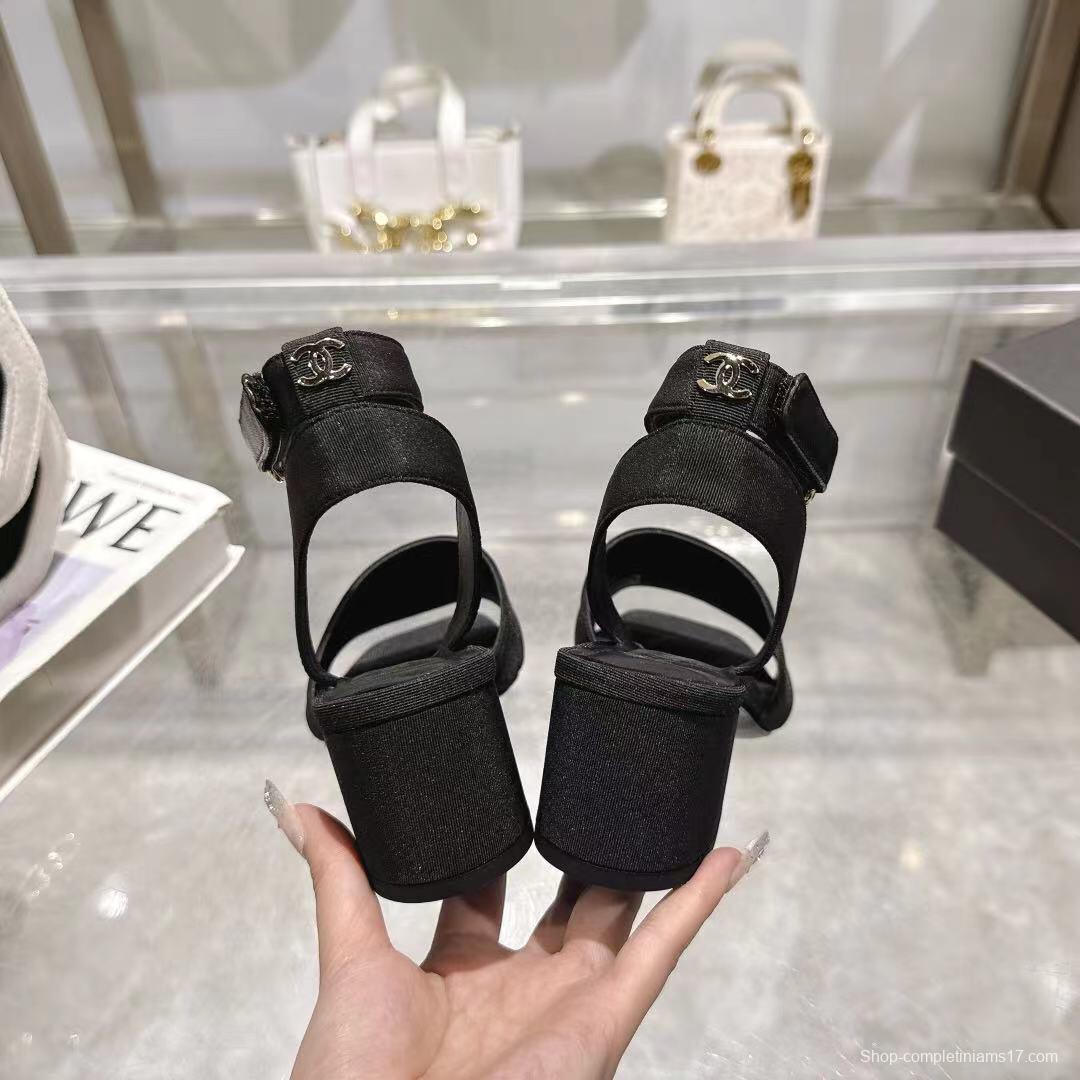 2025 Women Chanel Black Fabric Leather Sandals LY00280