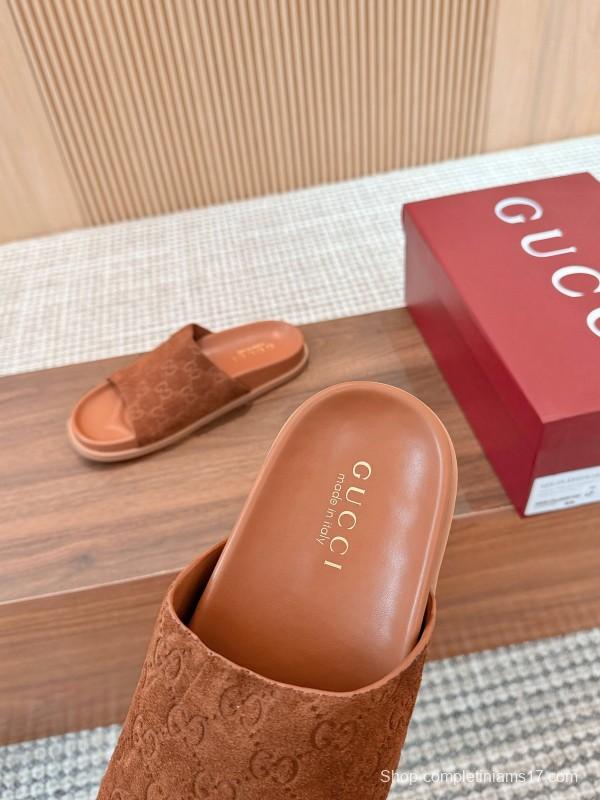 2025 Women Gucci Brown Suede Leather Slippers