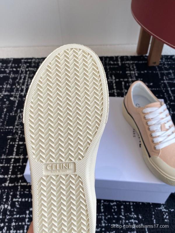 2025 Women Celine Beige Canvas Leather Platform Sneakers