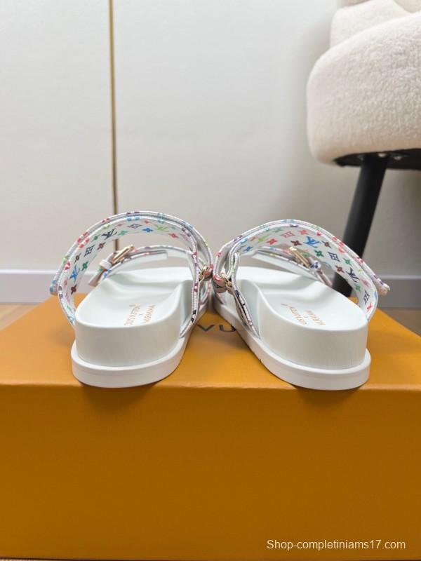 2025 Women Louis Vuitton White Multicolor Canvas Slippers KFY00280