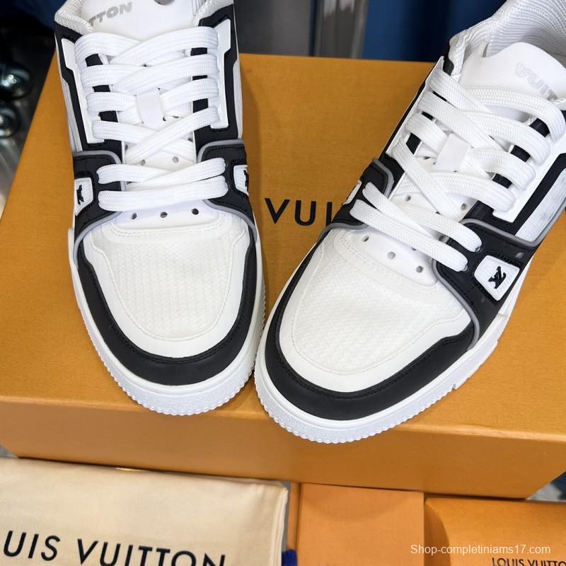 2025 Unisex Louis Vuitton White Black Calf Leather Sneakers LV Trainer