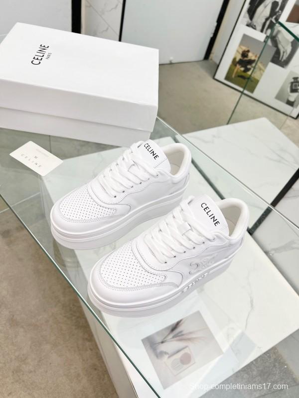 2025 Women Celine White Leather Platform Sneakers Embossed KFY00270