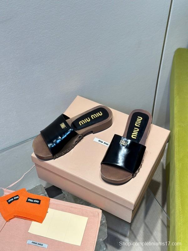2025 Women Miu Miu Black Leather Slippers