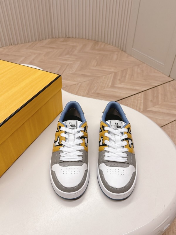 2025 Unisex Fendi White Yellow Grey Leather Sneakers FD Match LY00360(F)/LY00370(M)