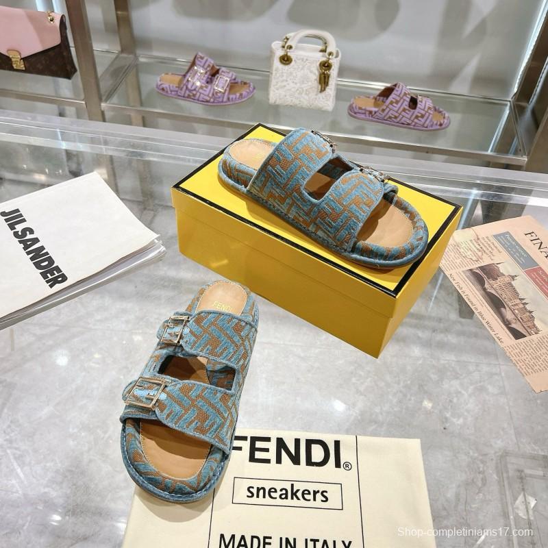 2025 Fendi Blue Beige Jacquard Fabric Slippers Buckle MJ00230