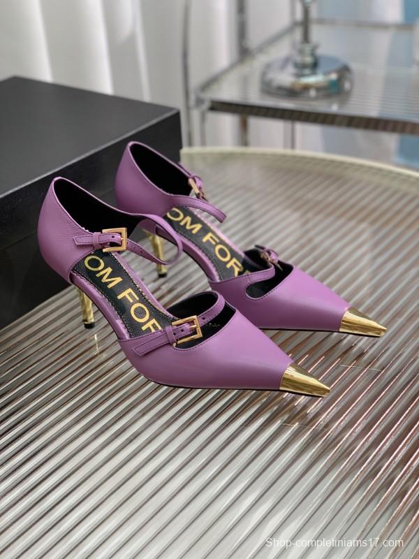 2025 Women TOM FORD Purple Gold Leather Pointed Toe Heels KFY00320