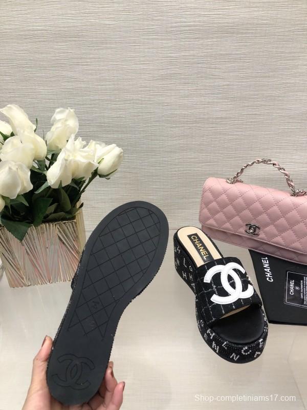 2025 Women Chanel Black Fabric Wedge Platform Slippers LY00320