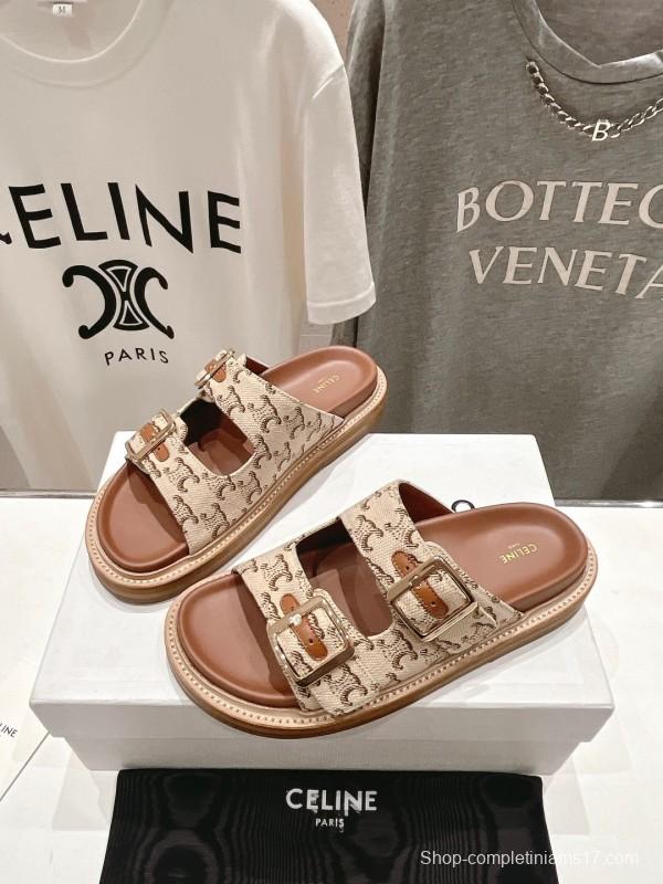 2025 Women Celine Beige Canvas Vintage Style Double Buckle Sandals Handcrafted Unisex LY00360(F)