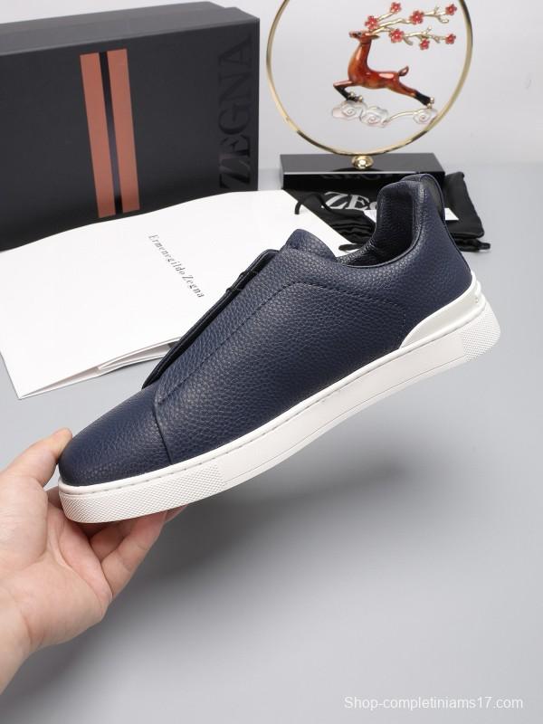 2024 Men Ermenegildo Zegna Navy Leather Low Top Sneakers MJ00240