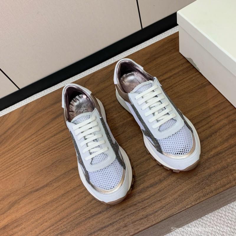 2025 Women Brunello Cucinelli White Silver Mesh Leather Sneakers