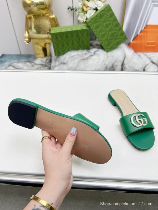 2025 Women Gucci Green Leather Flat Heel Slippers Double G Buckle MJ00190