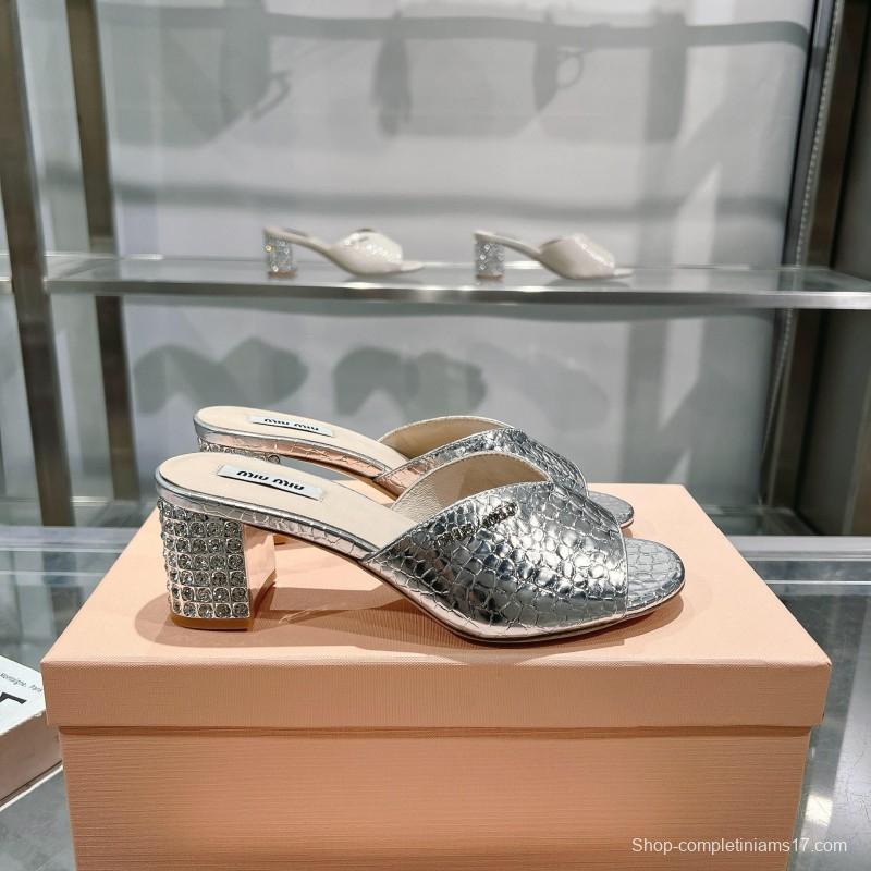 2025 Women Miu Miu Silver Leather Mules