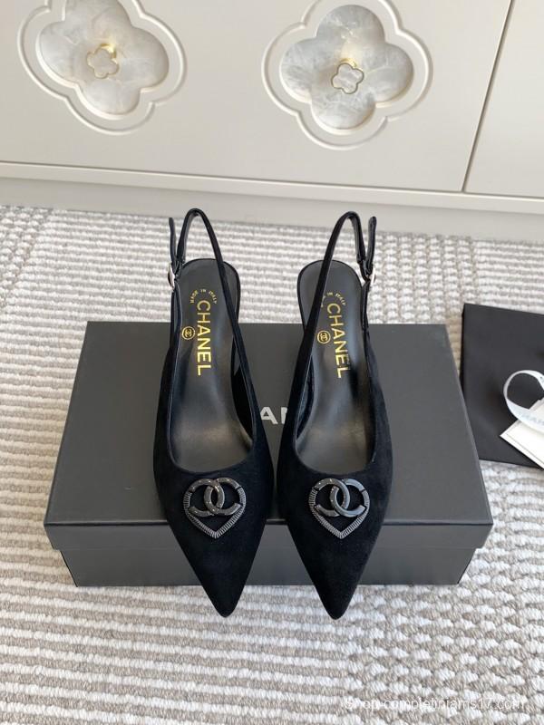 2025 Women Chanel Black Suede Slingback Heels CC Logo KFY00300