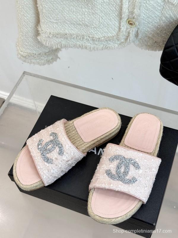 2025 Women Chanel Pink Tweed Espadrille Slide Sandals Handmade Craft KFY00240 (F)