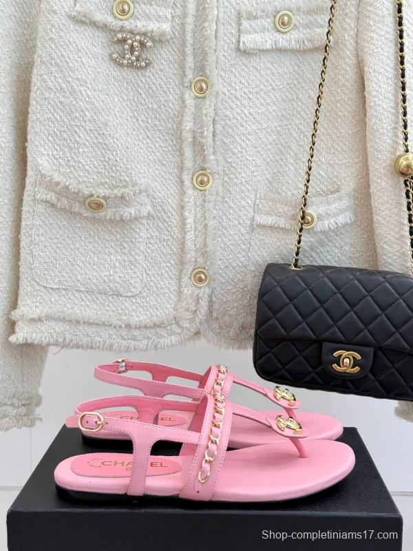 2025 Women Chanel Pink Lambskin Sandals CC Logo KFY00250
