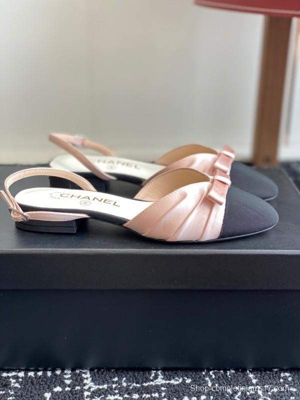 2025 Women Chanel Pink Black Silk Leather Sandals Satin Bow KFY00289