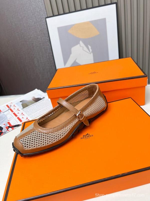 2025 Women Hermès Beige Mesh Leather Mary Jane LY00230