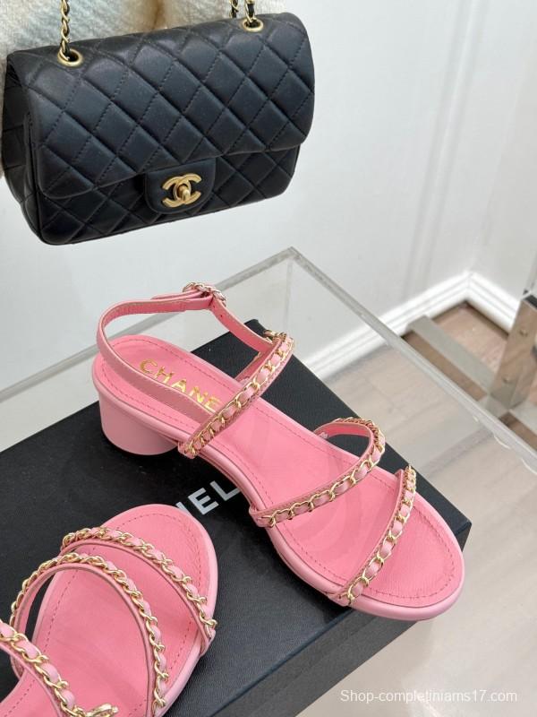 2025 Women Chanel Pink Leather Chain Strap Sandals