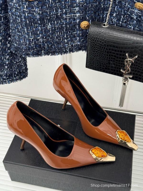 2024 Women Yves Saint Laurent Brown Patent Leather High Heels Metal Tip MJ00330