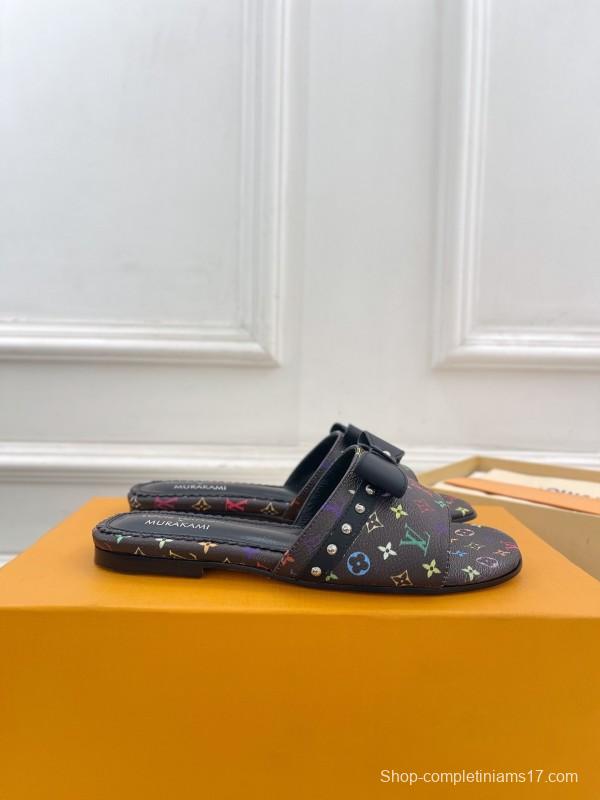 2025 Slippers Louis Vuitton Black Multicolor Monogram Leather Bow KFY00290