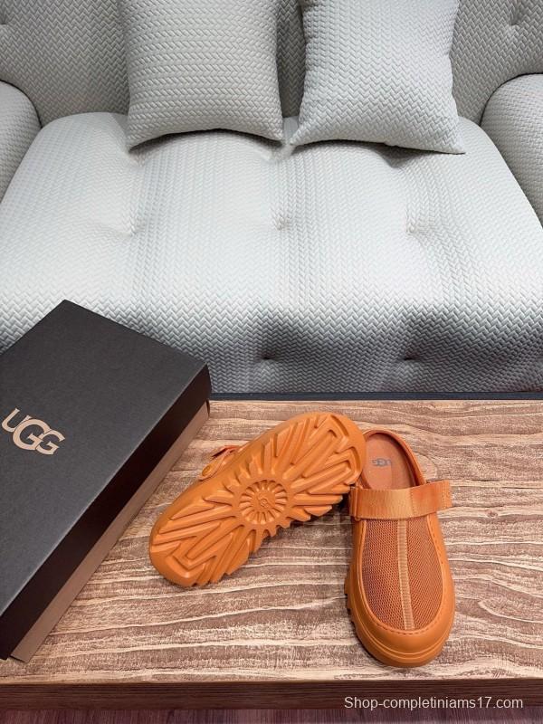 2025 UGG Brown Leather Mesh Slippers KFY00220