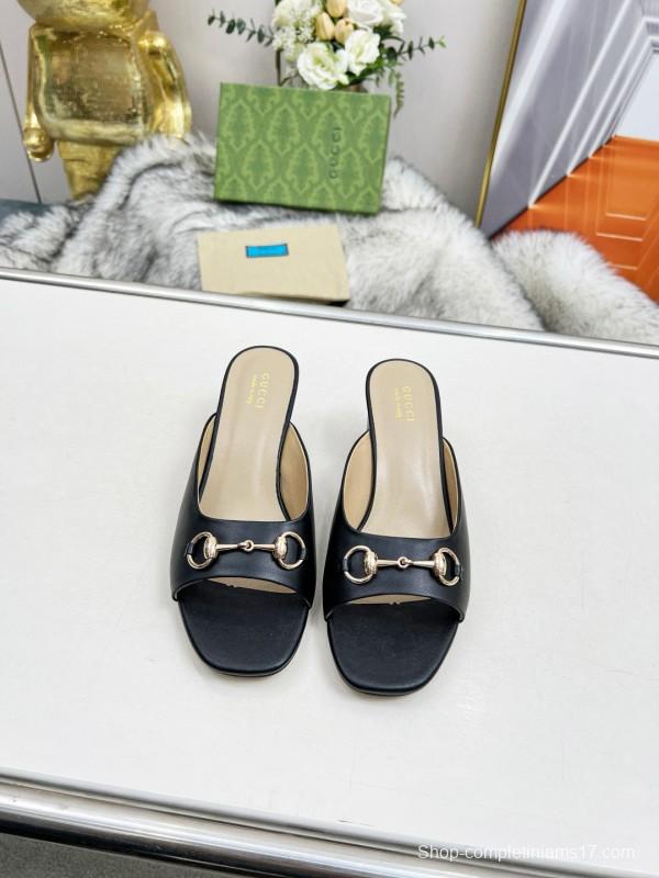 2025 Women Gucci Black Leather Mules Classic Buckle MJ00180