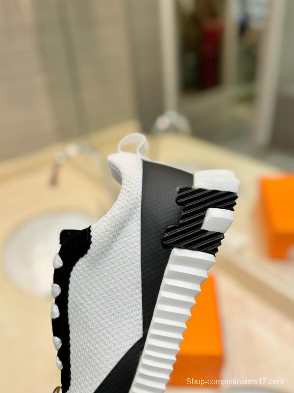 2024 Unisex Hermès Black White Silk Leather Mesh Sneakers MJ00320