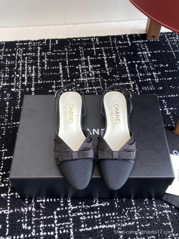 2025 Women Chanel Black Satin Silk Leather Sandals Bow KFY00289