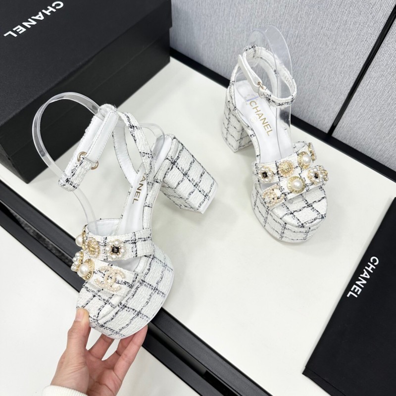 2025 Women Chanel White Black Fabric Platform Sandals Pearl Embellishment