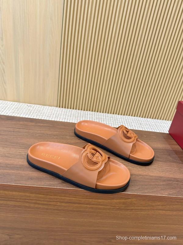 2025 Women Gucci Brown Leather Slides LY00230