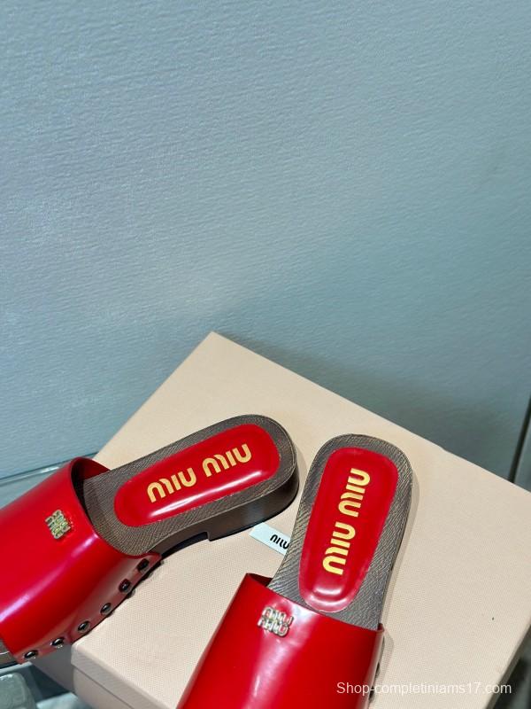 2025 Women Miu Miu Red Leather Slippers