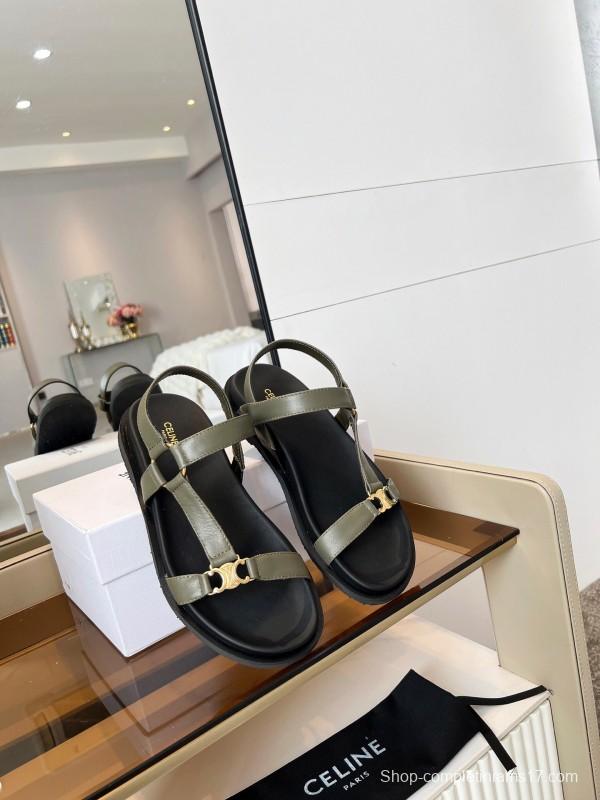 2025 Women Celine Khaki Leather Sandals