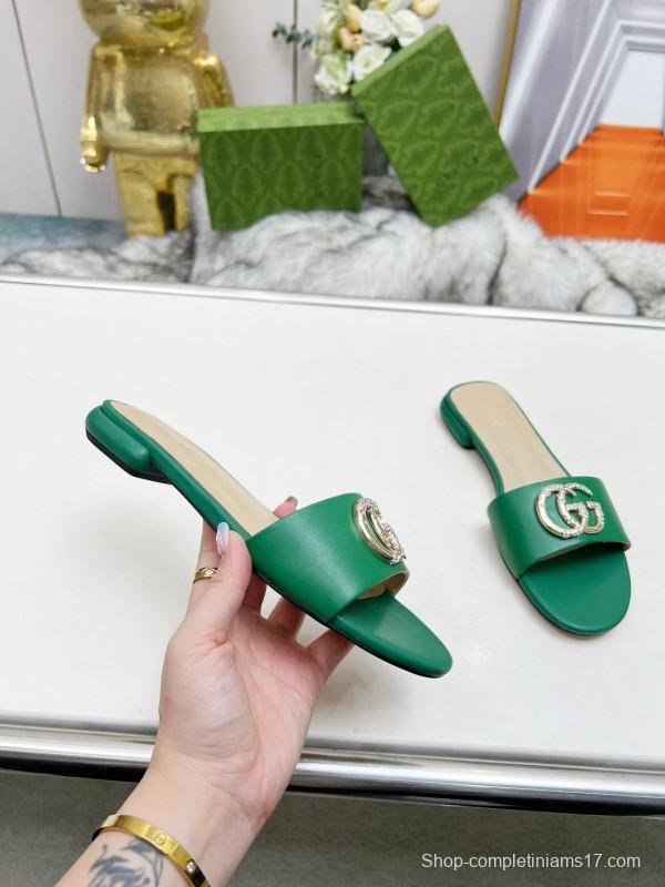 2025 Women Gucci Green Leather Flat Heel Slippers Double G Buckle MJ00190
