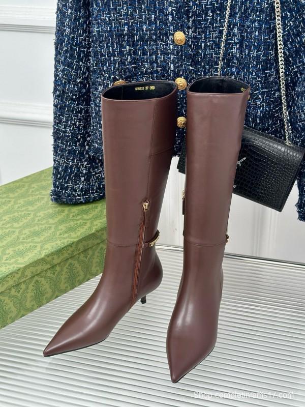 2024 Women Gucci brown calf leather boots chain MJ00550