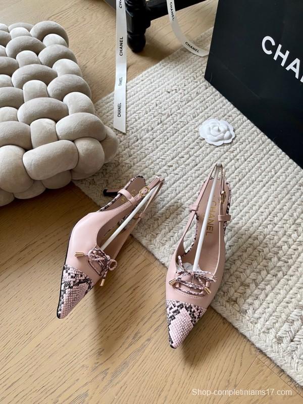 2025 Women Chanel Pink Python Leather Bow High Heels KFY00320