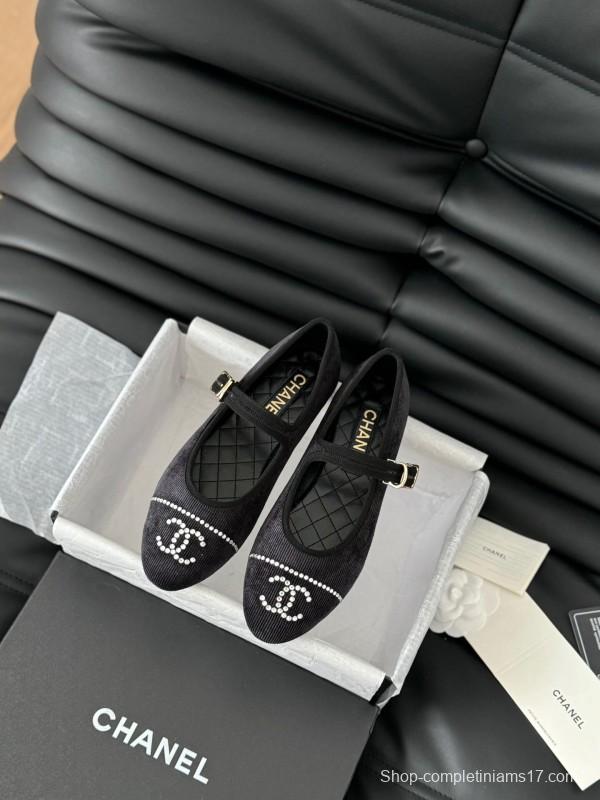 2025 Women Chanel Black Velvet Mary Jane Embroidered LY00280
