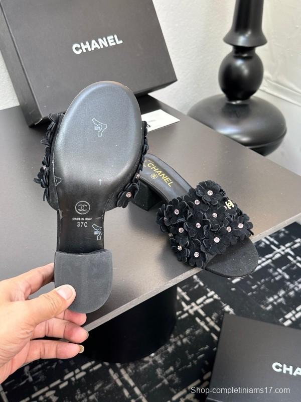 2025 Women Chanel Black Suede Heeled Slippers