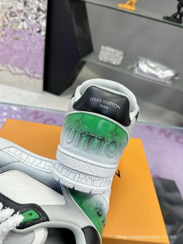 2024 Unisex Louis Vuitton Green White Leather Fabric Plimsolls Waxed Distressed Washed MJ00500