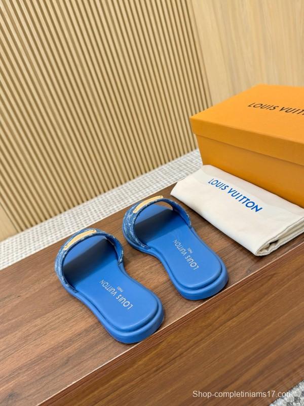 2025 Women Louis Vuitton Blue Denim Leather Slippers LY00200