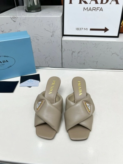 2025 Women Prada Beige Leather Mule Triangle Logo LY00270