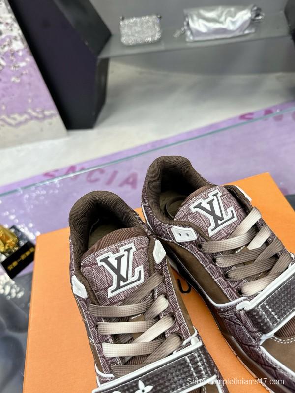 2024 Unisex Louis Vuitton Brown Silk Leather Denim Plimsolls Magic Tape MJ00410