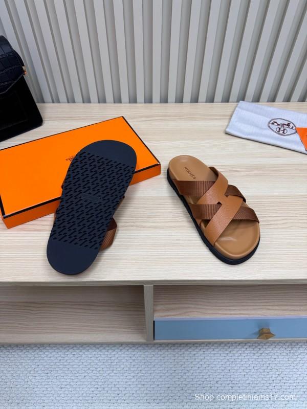 2025 Men Hermès Brown Leather Slippers