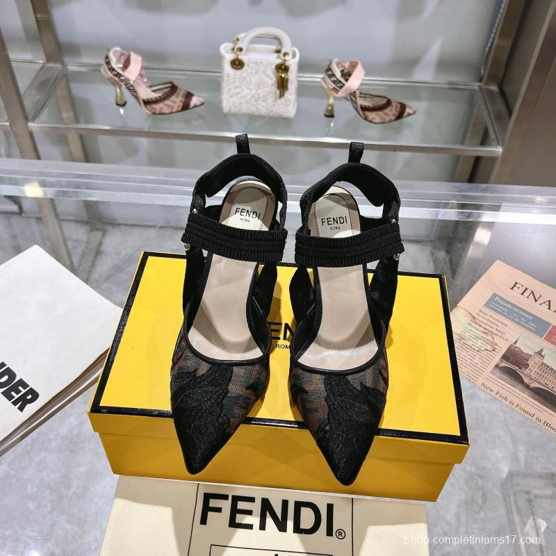 2025 Women Fendi Black Mesh Leather Heels MJ00280