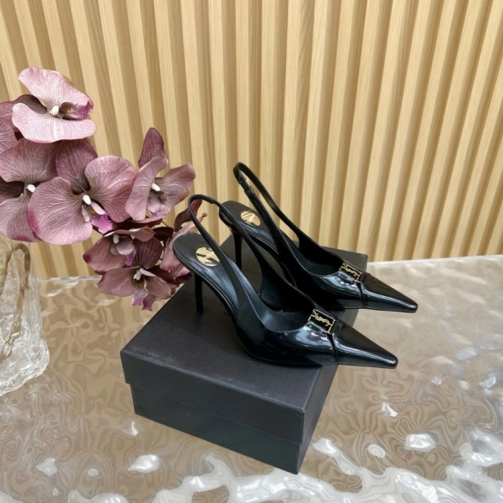 2025 Women Yves Saint Laurent Black Patent Leather Slingback Heels