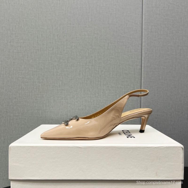 2025 Women Celine Beige Leather Slingback Shoes Metal Buckle